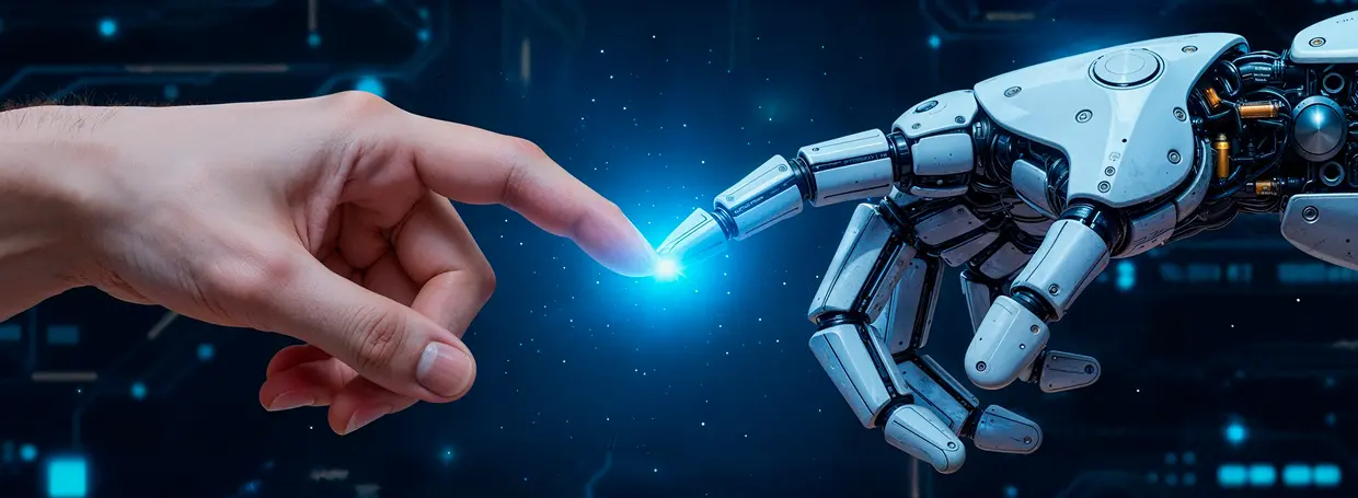 A human hand and a robotic hand meeting at a point of light